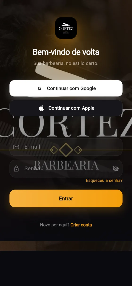 Tela de entrada do app da barbearia, com a logo e a cor da própria marca
