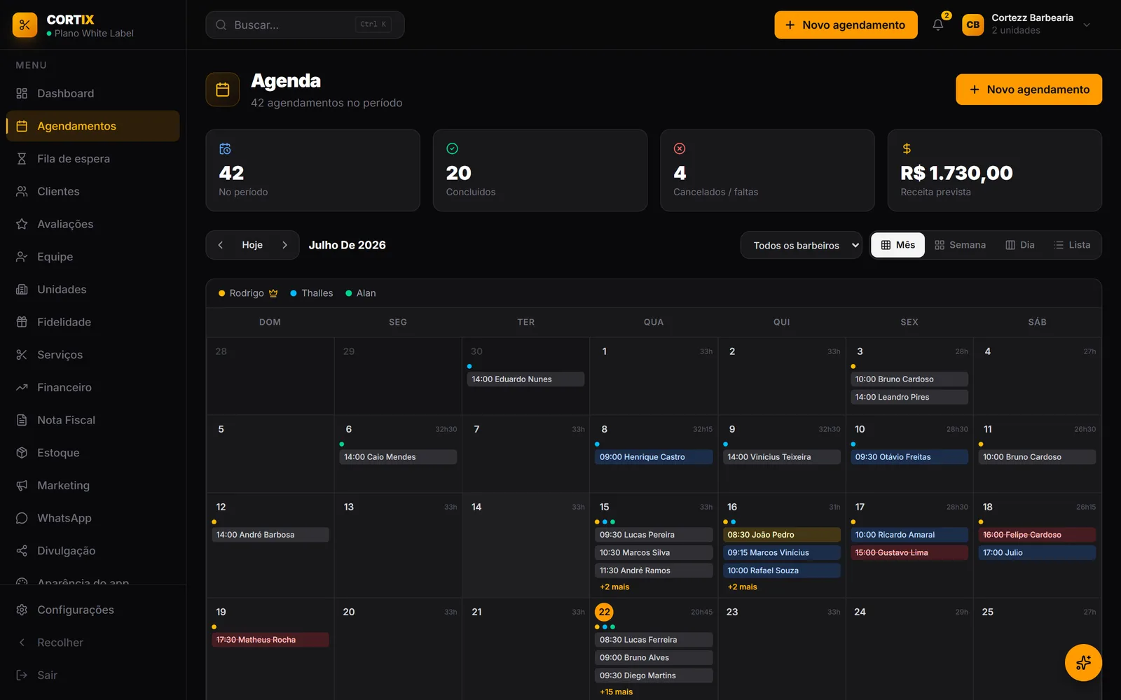 Agenda mensal com os agendamentos de cada barbeiro em cores diferentes