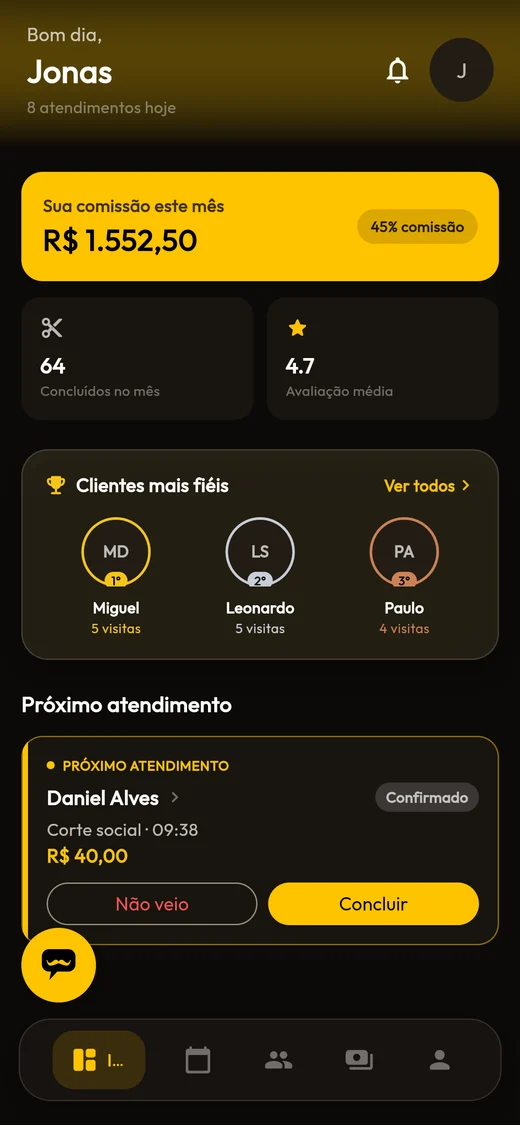 Tela inicial do barbeiro no aplicativo, com a comissão do mês, os atendimentos concluídos, a avaliação média e o próximo cliente