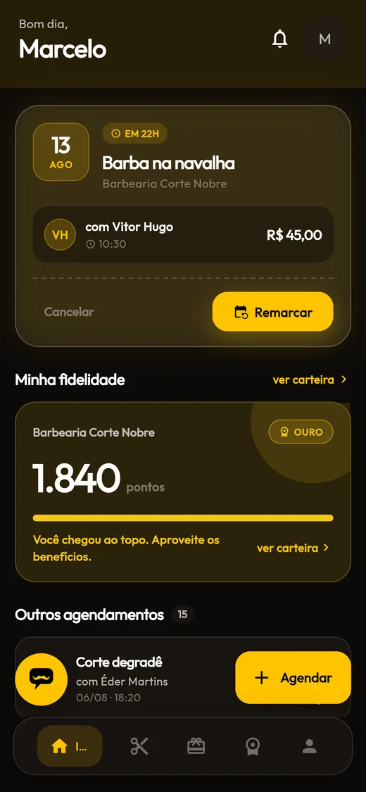 Tela inicial do cliente no aplicativo, com o próximo atendimento marcado, o barbeiro, o horário e o saldo de pontos de fidelidade