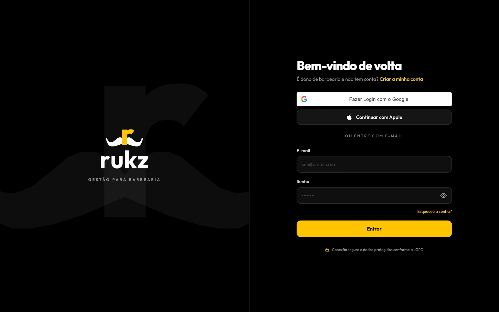 Tela de entrada do rukz no navegador, com a marca de um lado e o formulário do outro